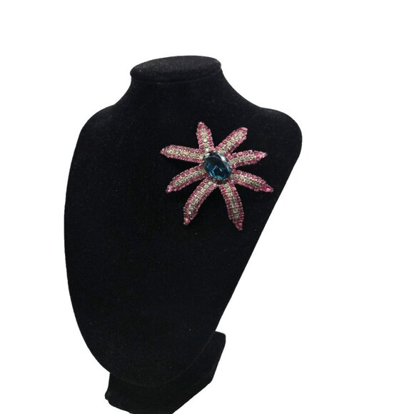 Large 1930s Art Deco Czech Pink Rhinestone Brooch w/ Blue Crystal Center 3" - Picture 3 of 4